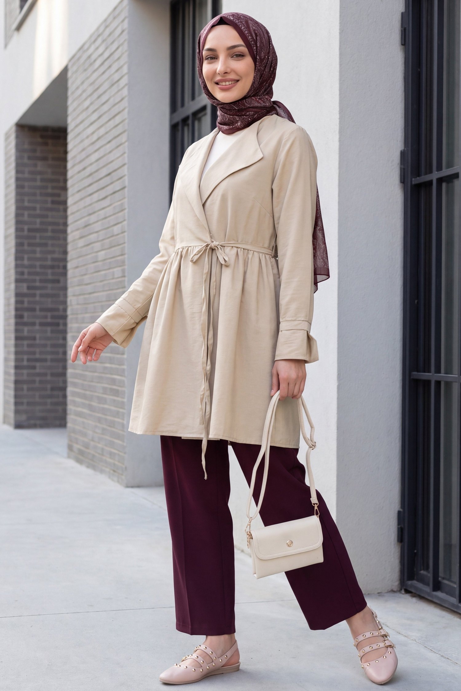 Yan Bağcıklı Kol Manşeti Yırtmaçlı Kimono -Bej