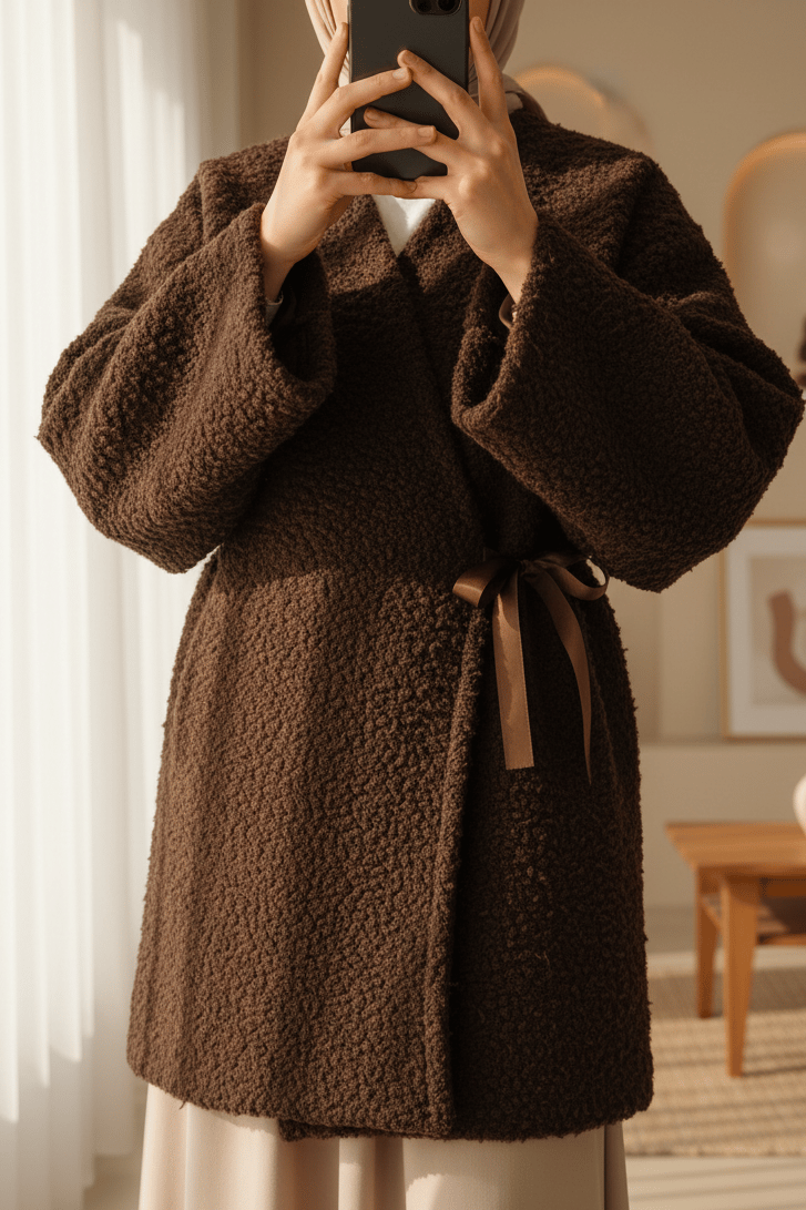 Yandan Bağlamalı Buklet Kimono   -K. Kahve