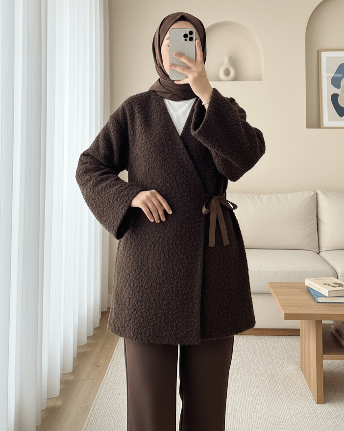 Yandan Bağlamalı Buklet Kimono   -K. Kahve