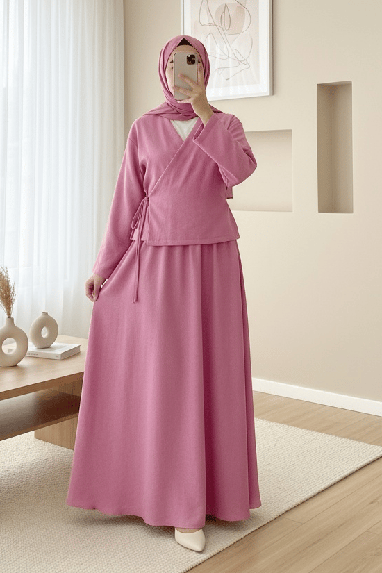 Yandan Bağlamalı Etekli Keten Görünümlü Takım   -Pembe