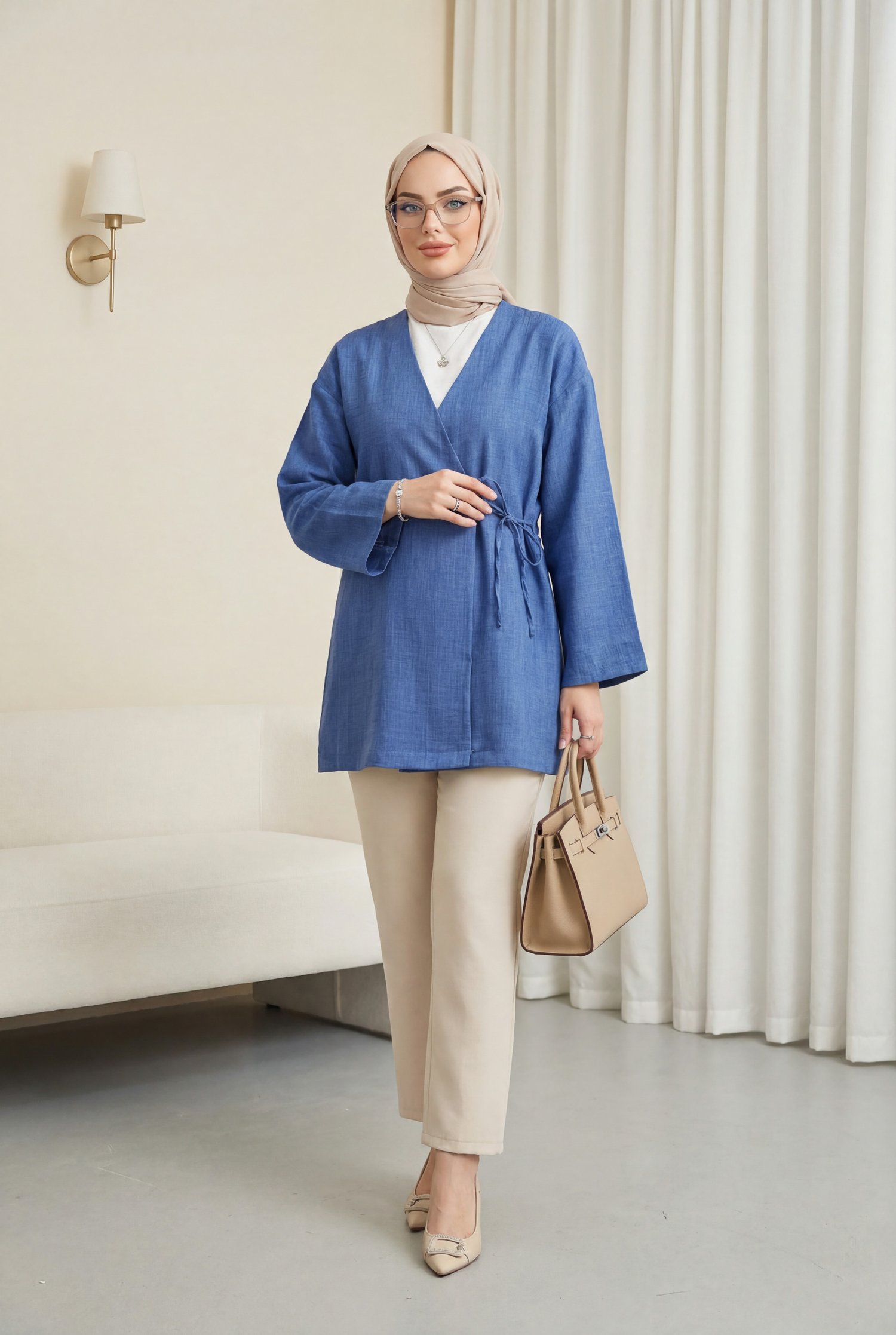 Yandan Bağlamalı Keten Görünümlü Kimono -İndigo
