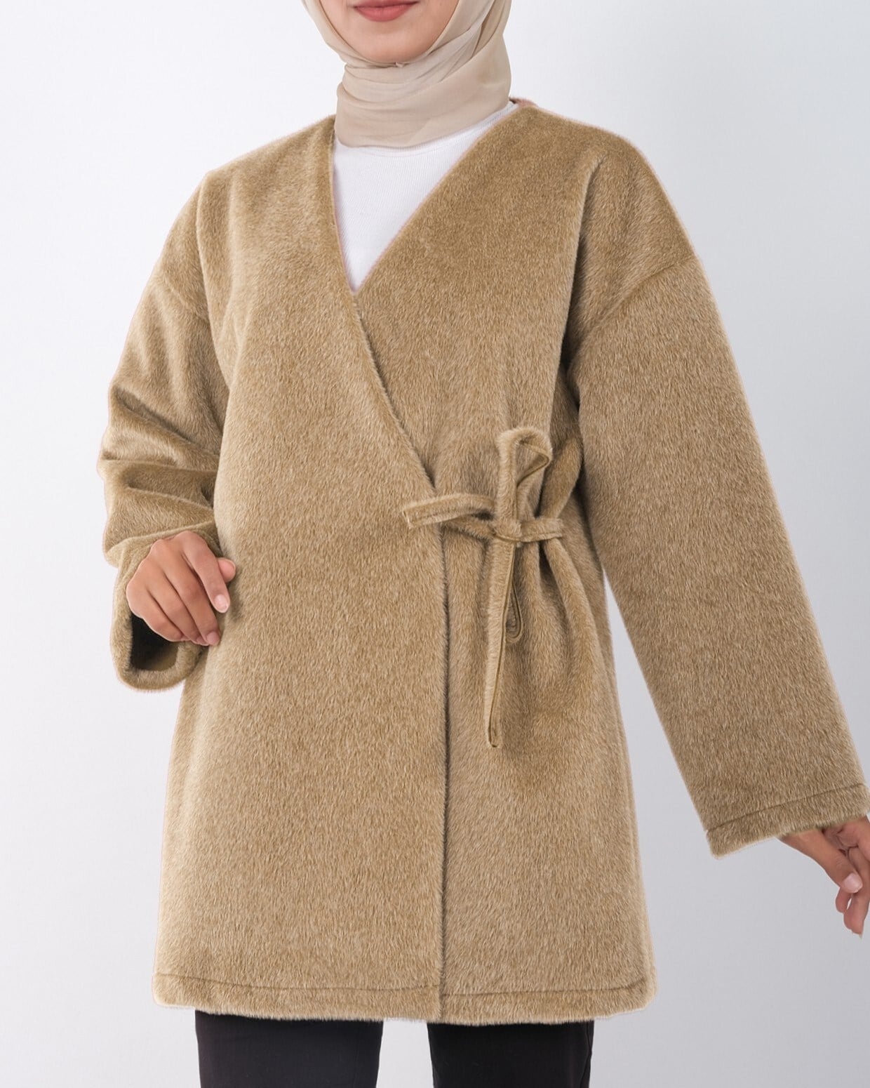 Yandan Bağlamalı Kürklü Ceket   -Vizon