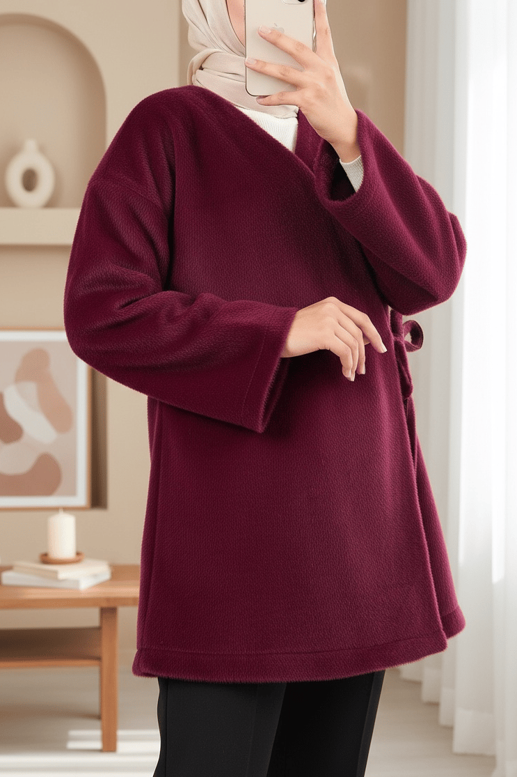 Yandan Bağlamalı Kürklü Ceket  -Bordo