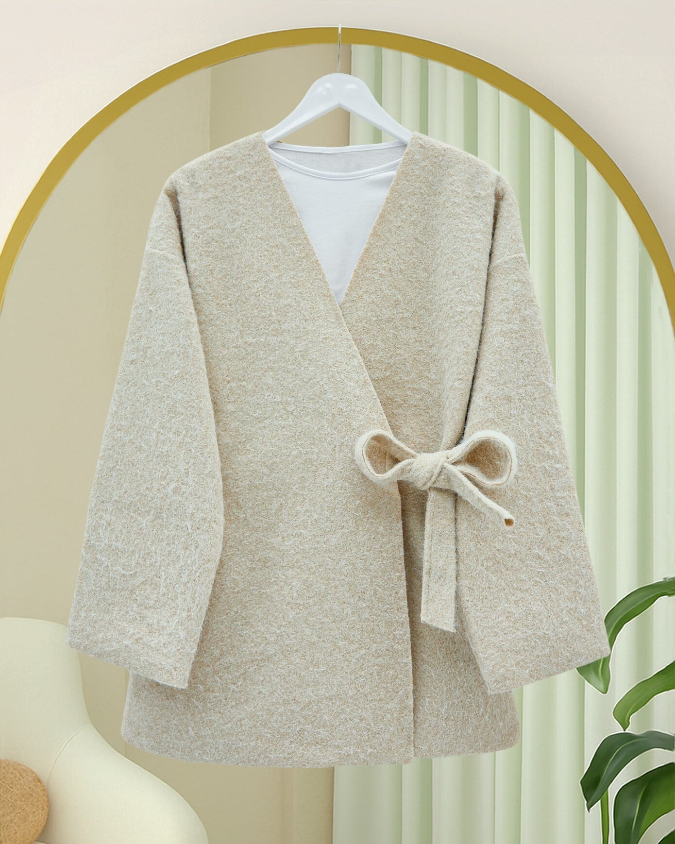 Yandan Bağlamalı Sakallı Kimono  -Bej