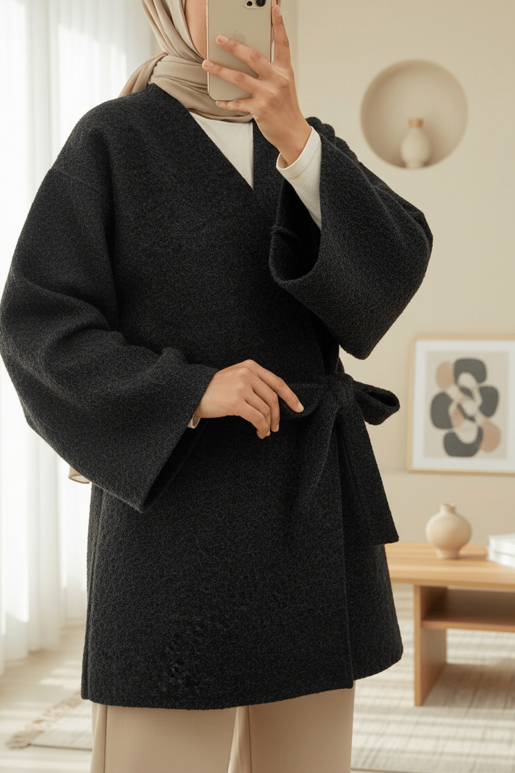 Yandan Bağlamalı Sakallı Kimono  -Siyah