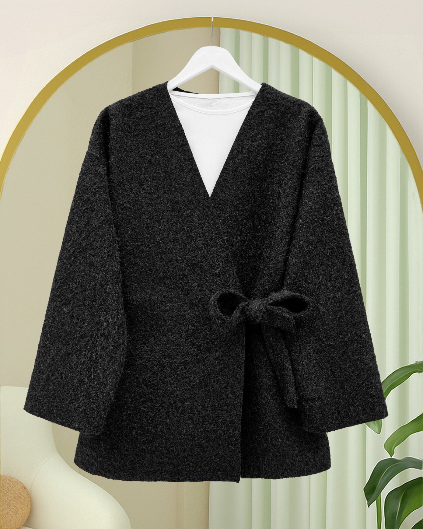 Yandan Bağlamalı Sakallı Kimono  -Siyah