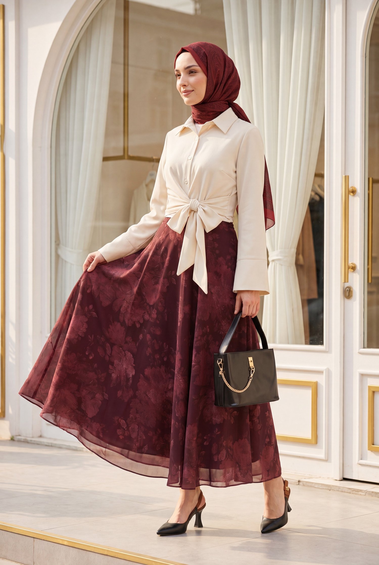 Yandan Fermuarlı Desenli Astarlı Şifon Etek -Bordo