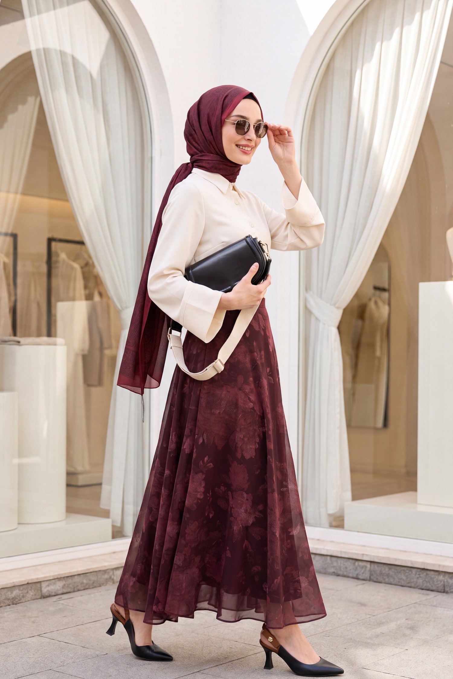 Yandan Fermuarlı Desenli Astarlı Şifon Etek -Bordo