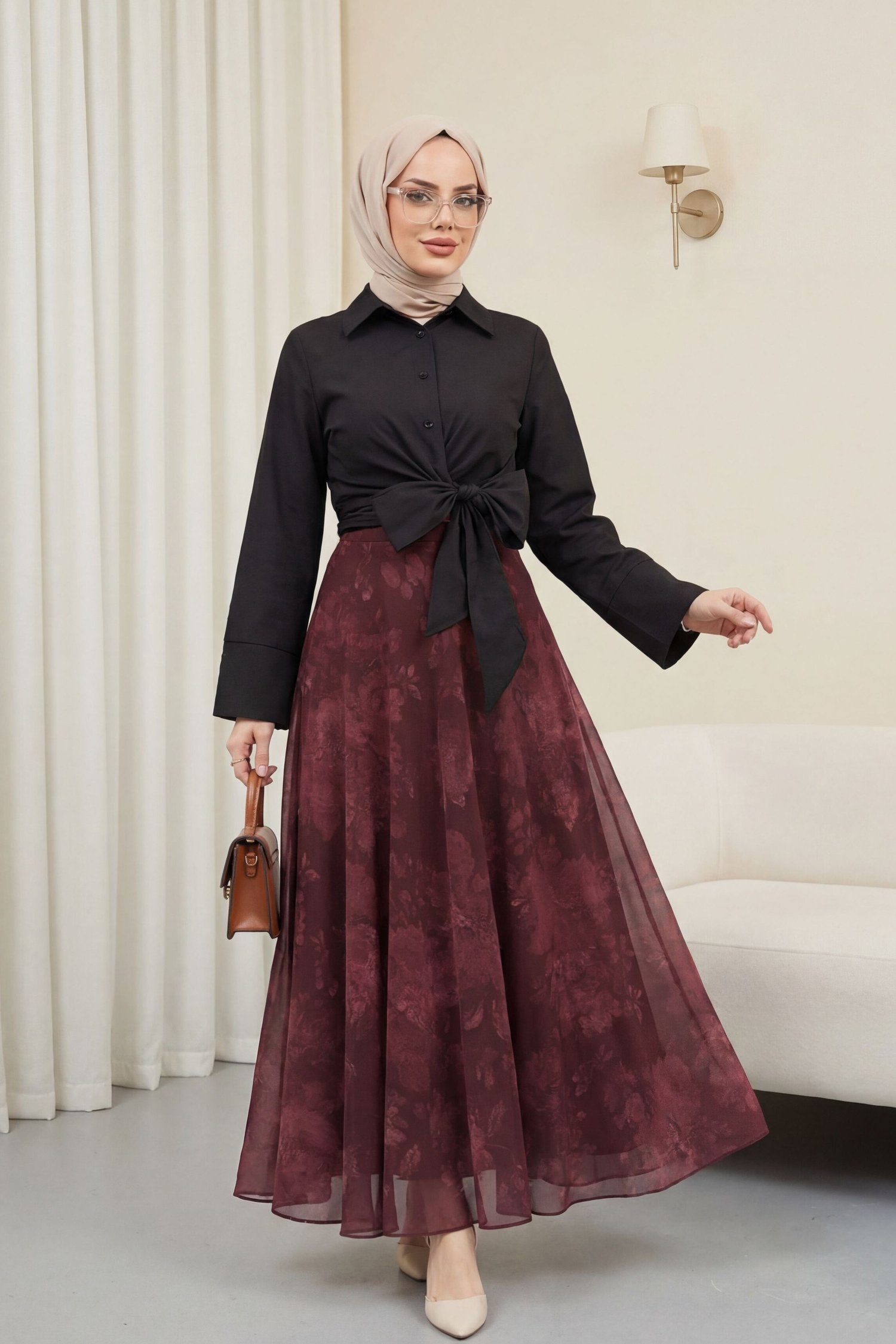 Yandan Fermuarlı Desenli Astarlı Şifon Etek -Bordo