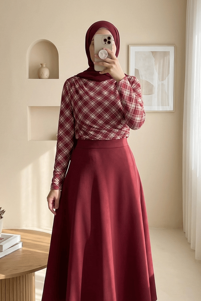 Yanı Büzgülü Ekose Desenli Bluz -Bordo