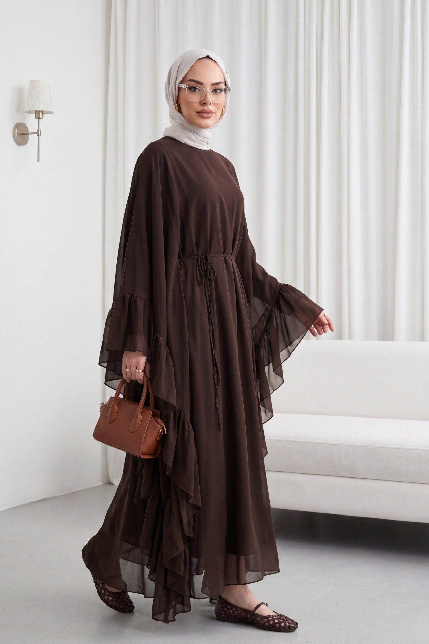 Yanı Fırfırlı Asimetrik Kesim Bağcıklı İçlikli Şifon Elbise Abaya Takım  -Kahverengi