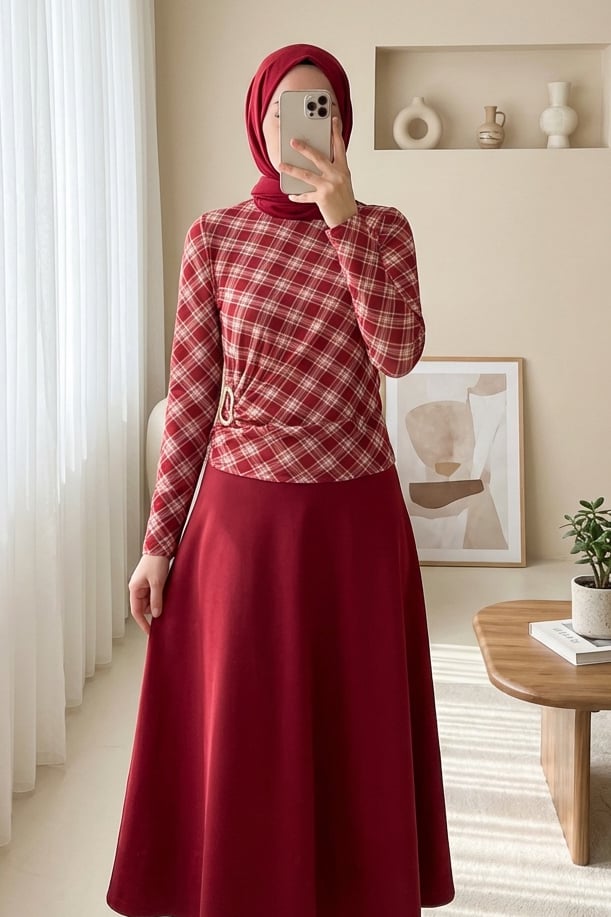 Yanı Tokalı Ekose Desenli Bluz -Bordo