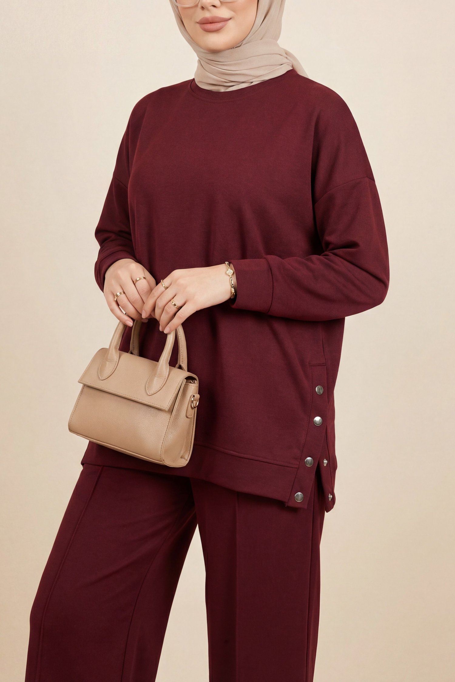 Yanları Çıtçıtlı Çimalı Pantolonlu Oyşo Takım  -Bordo