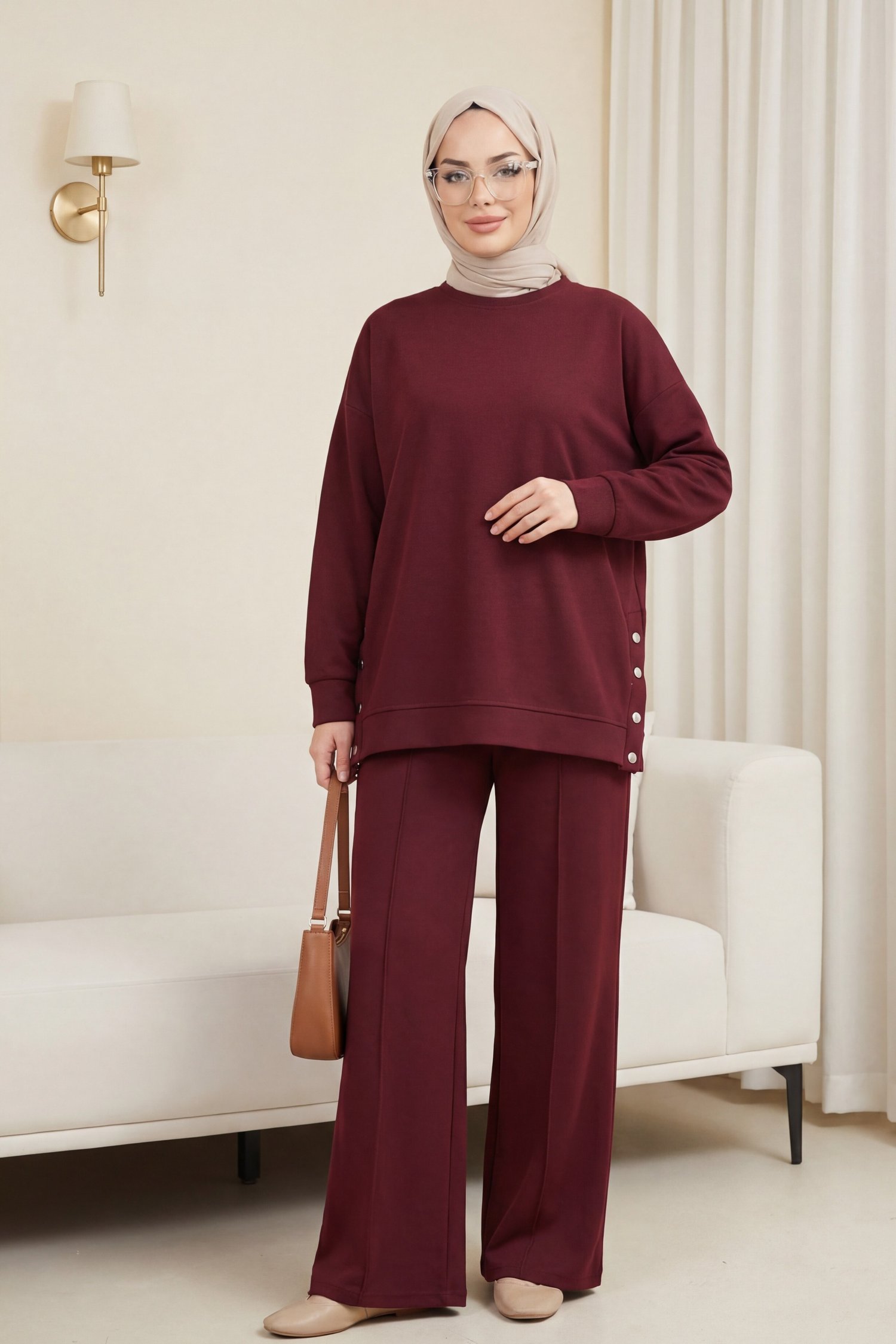 Yanları Çıtçıtlı Çimalı Pantolonlu Oyşo Takım  -Bordo