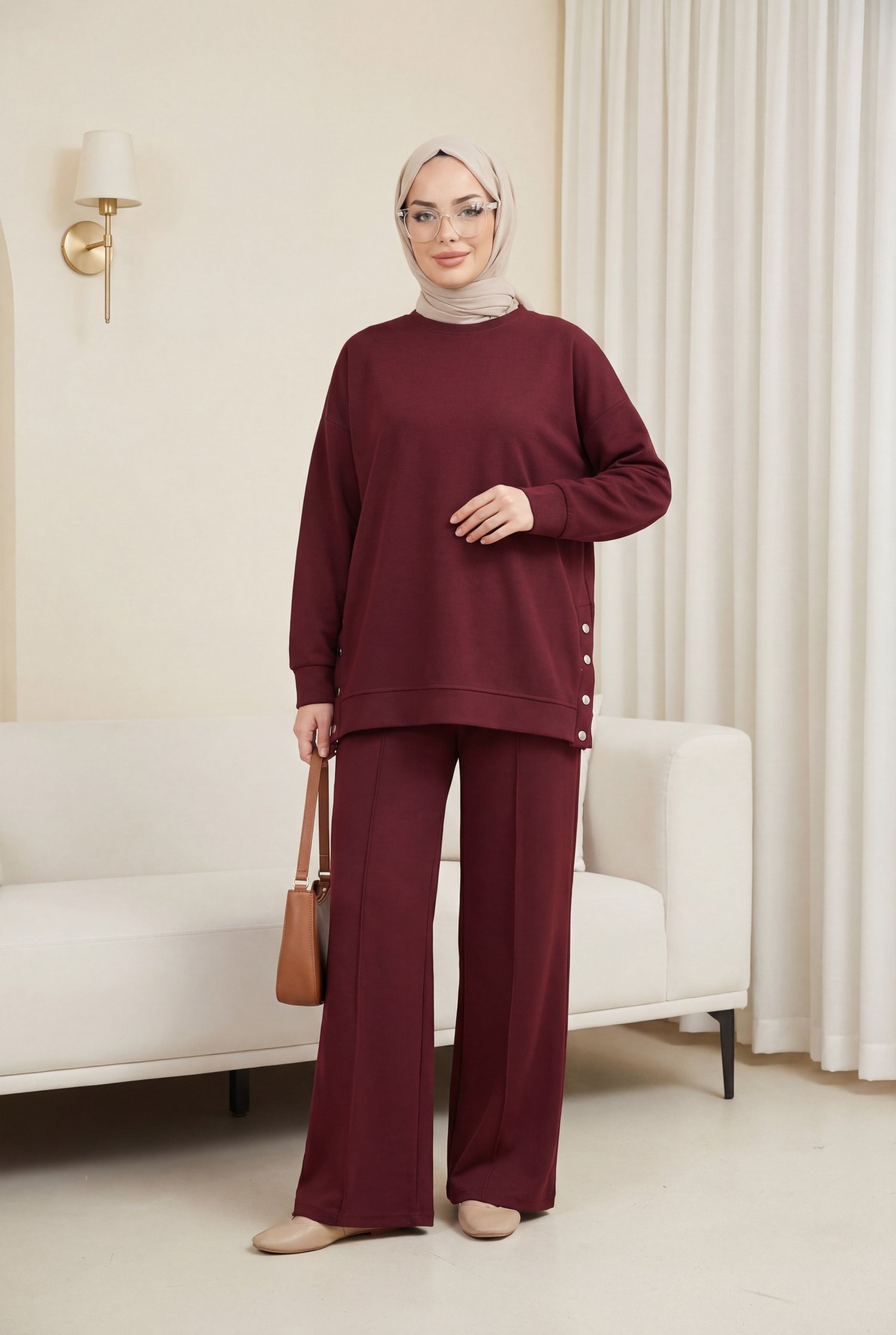 Yanları Çıtçıtlı Çimalı Pantolonlu Oyşo Takım  -Bordo