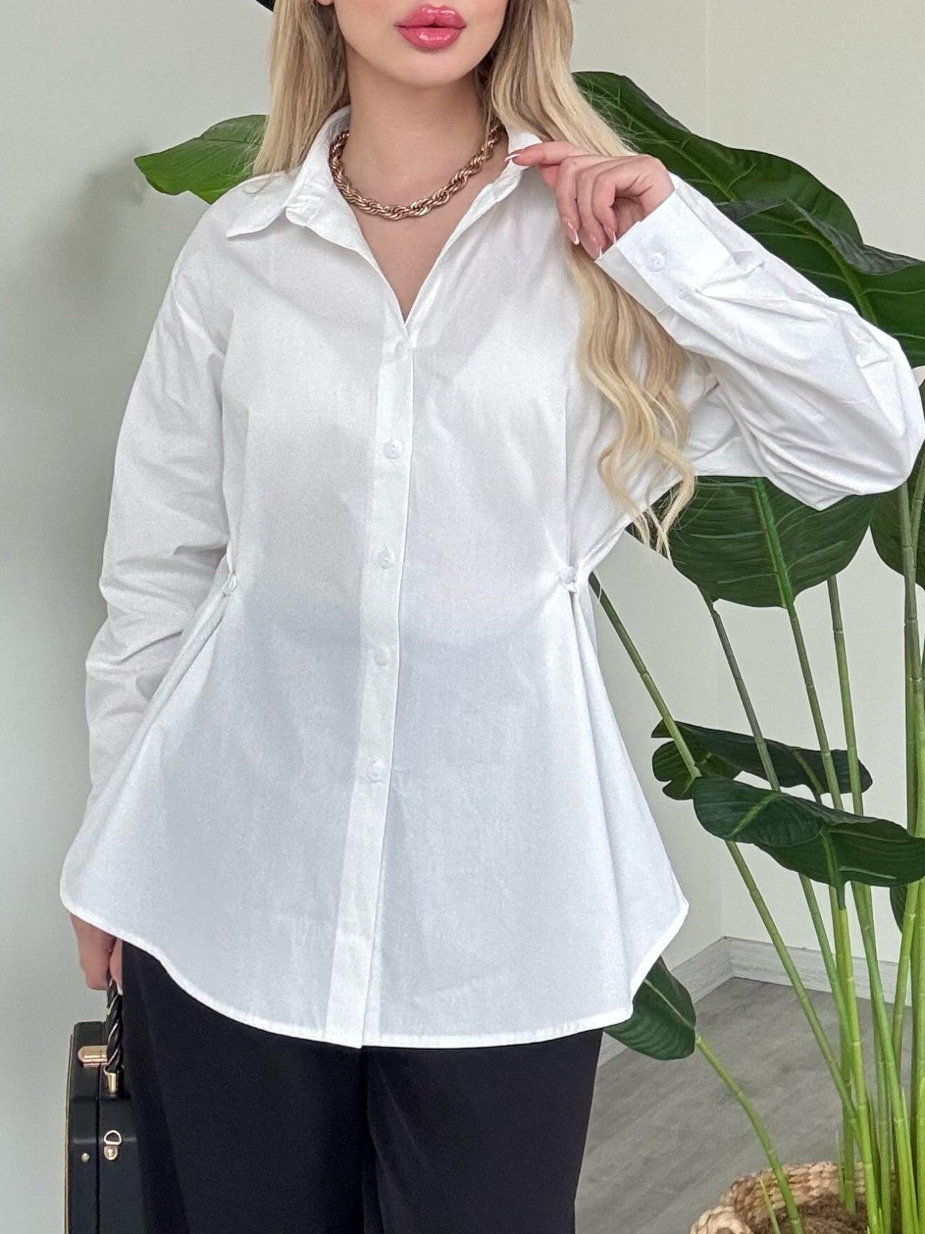 Yanları Düğme Detaylı Poplin Gömlek -Beyaz
