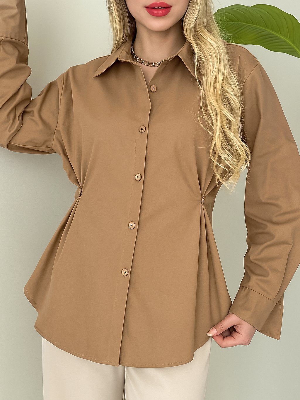 Yanları Düğme Detaylı Poplin Gömlek -Taba
