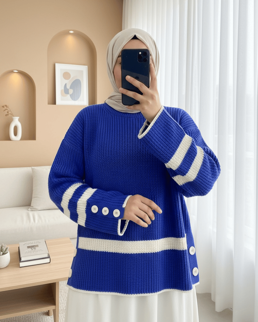 Yanları Düğmeli Örgü Desen Triko Kazak -Saks
