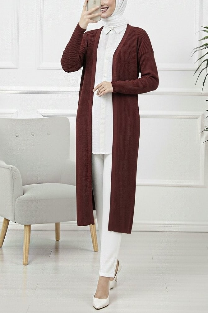 Yanları Yırtmaçlı Fitilli Uzun Triko Hırka  -Bordo