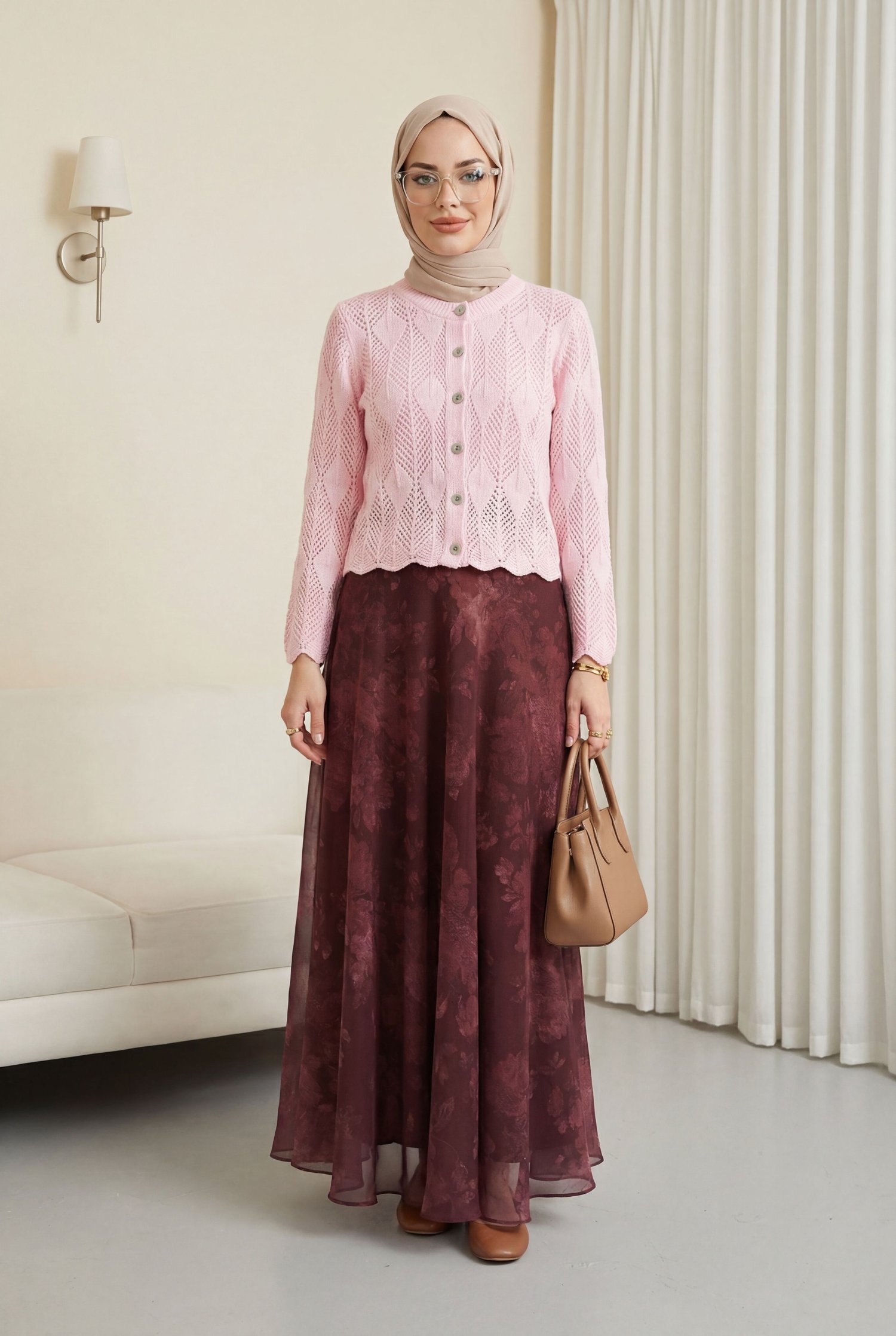Yaprak Desenli Ajurlu Triko Hırka   -Pembe