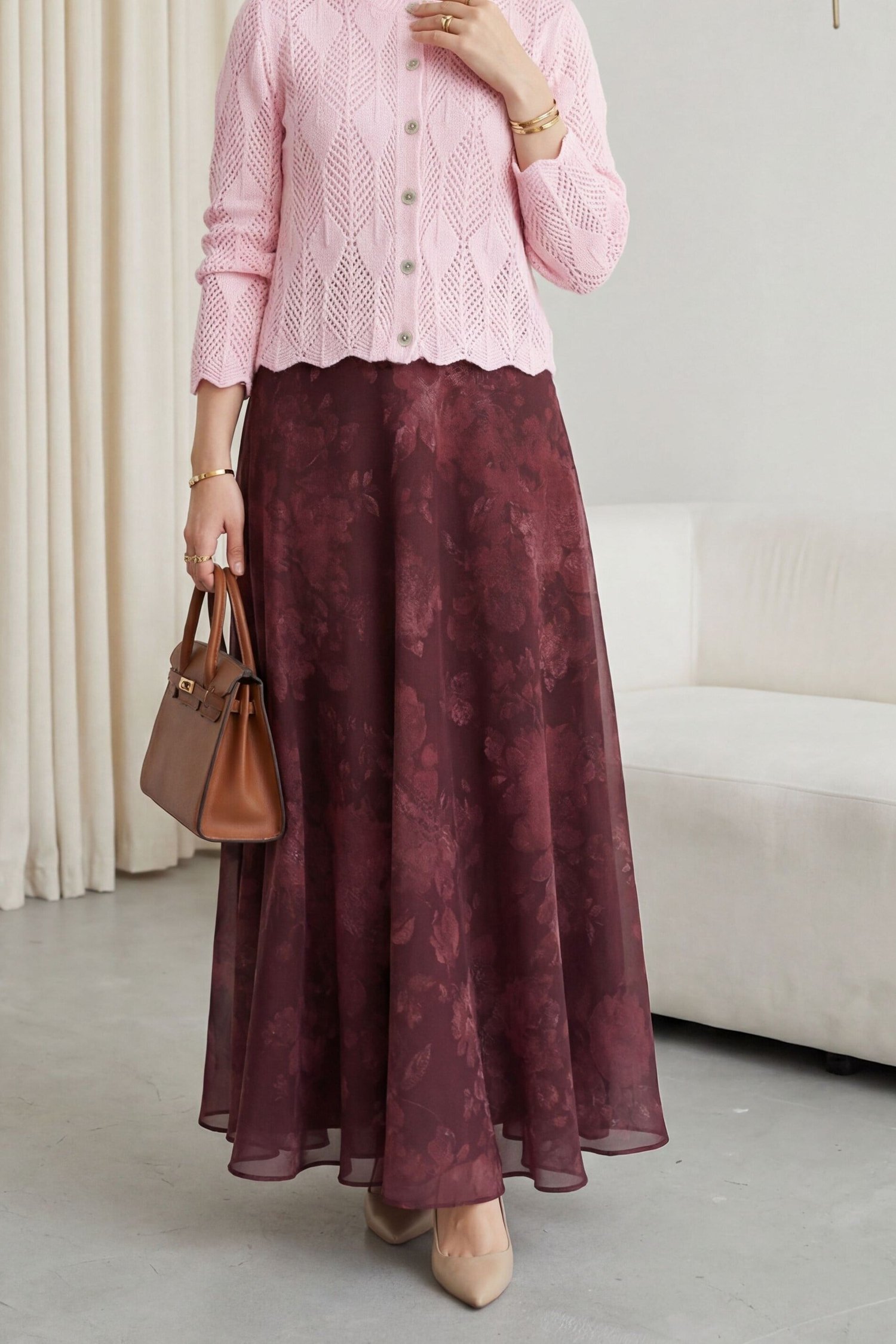 Yaprak Desenli Ajurlu Triko Hırka   -Pembe