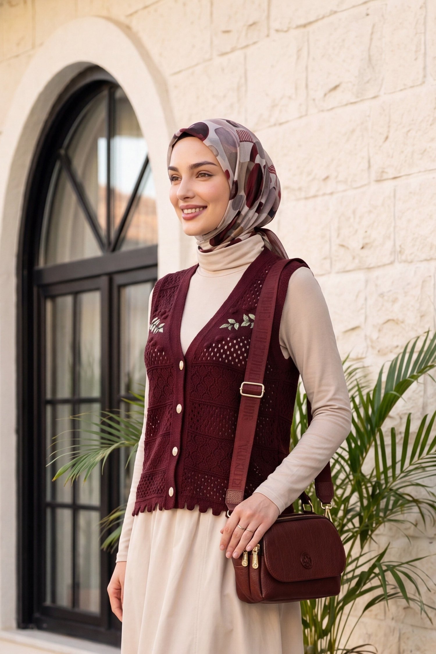 Yaprak Nakışlı Ajurlu Ponponlu Triko Yelek -Bordo