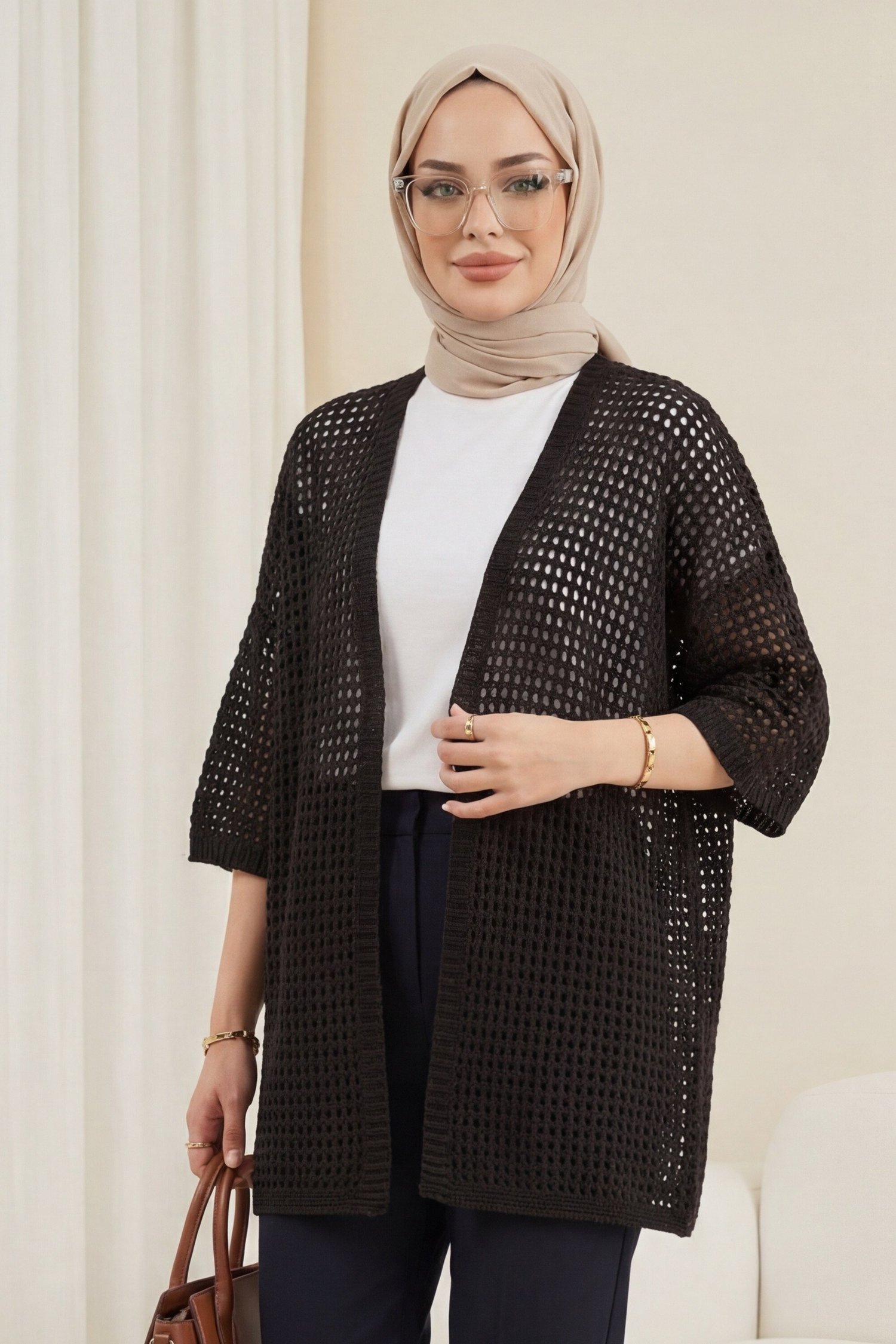 Yarasa Yarım Kol Ajurlu Triko Hırka  -Kahve