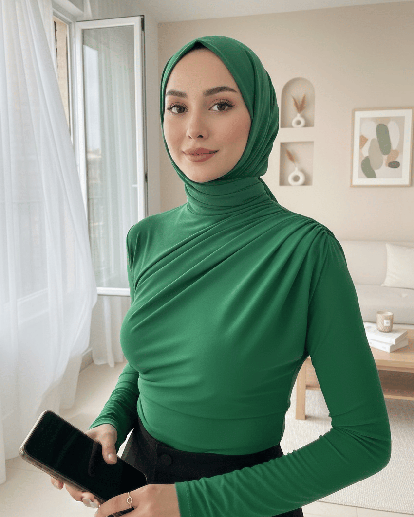 Yarım Boğaz Büzgülü Sandy Bluz -Yeşil