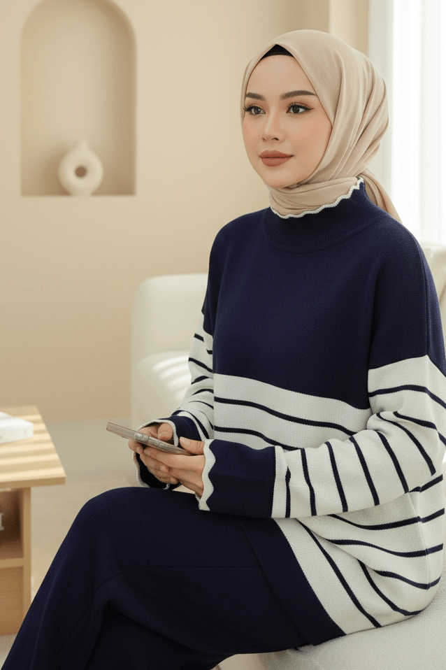 Yarım Boğazlı Çizgili Triko Takım -Laci