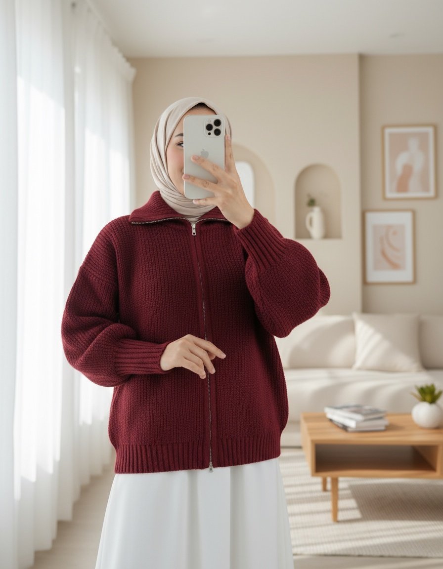 Yarım Boğazlı Fermuarlı Triko Hırka -Bordo