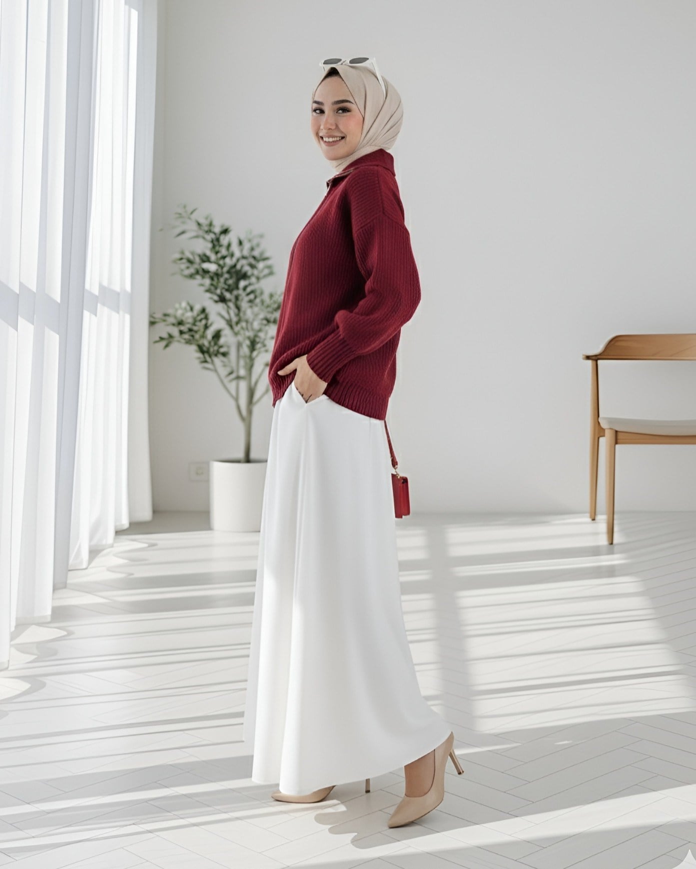 Yarım Boğazlı Fermuarlı Triko Hırka -Bordo