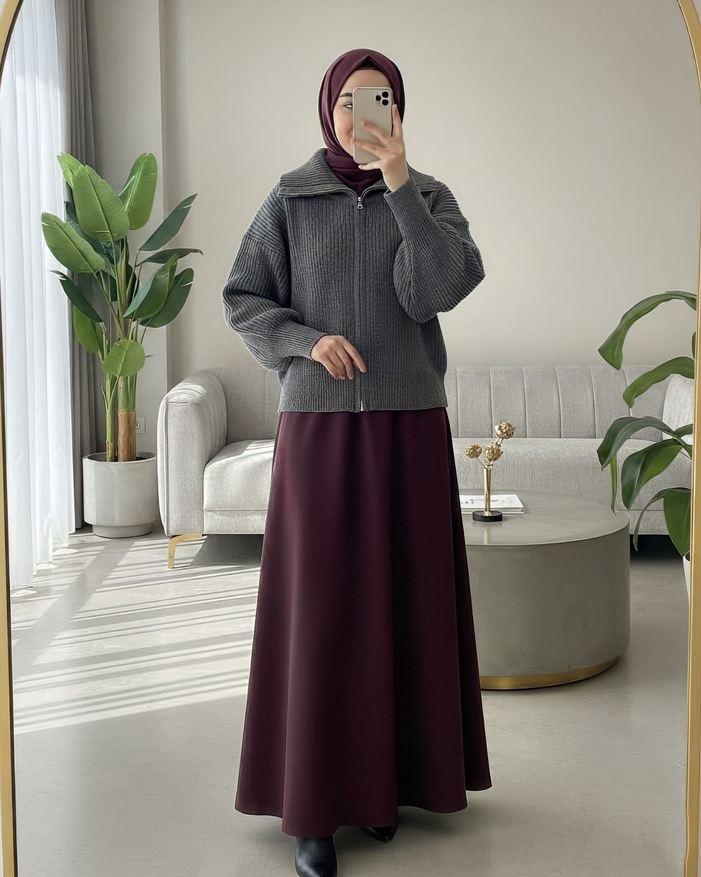 Yarım Boğazlı Fermuarlı Triko Hırka -Füme