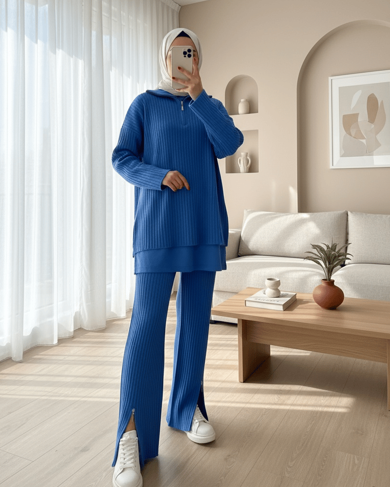 Yarım Boğazlı Fitilli Triko Takım -Mavi