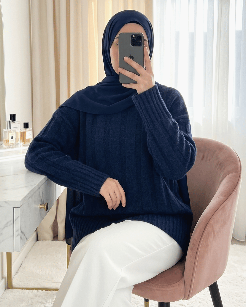 Yarım Boğazlı Şerit Desenli Yumoş Triko Kazak -Laci