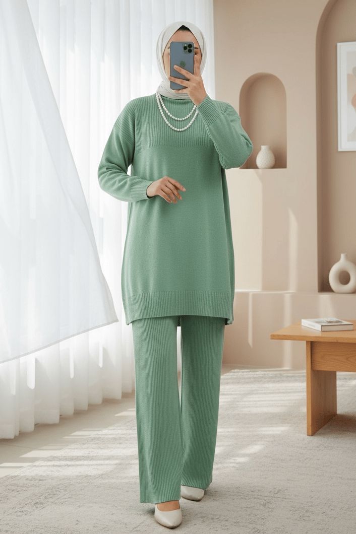 Yarım Boğazlı Triko Takım  -Mint