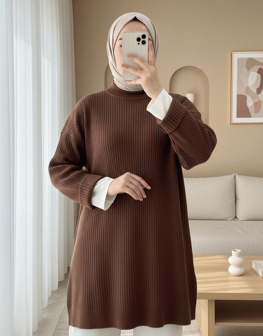 Yarım Boğazlı Yırtmaçlı Triko Tunik  -Kahve