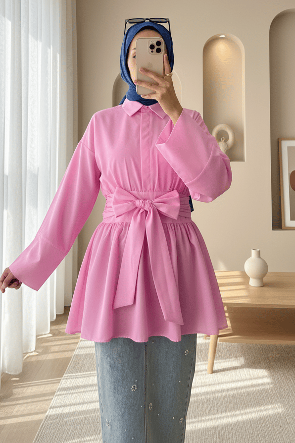 Yarım Düğmeli Beli Bağlamalı Yanı Fermuarlı Tunik  -Pembe