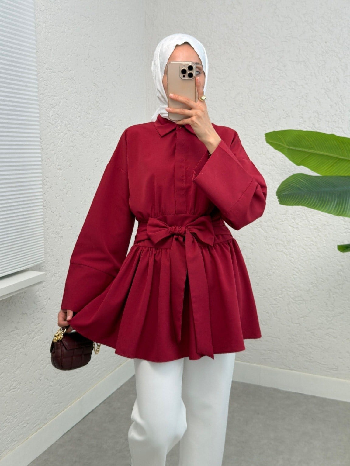 Yarım Düğmeli Beli Bağlamalı Yanı Fermuarlı Tunik -Bordo