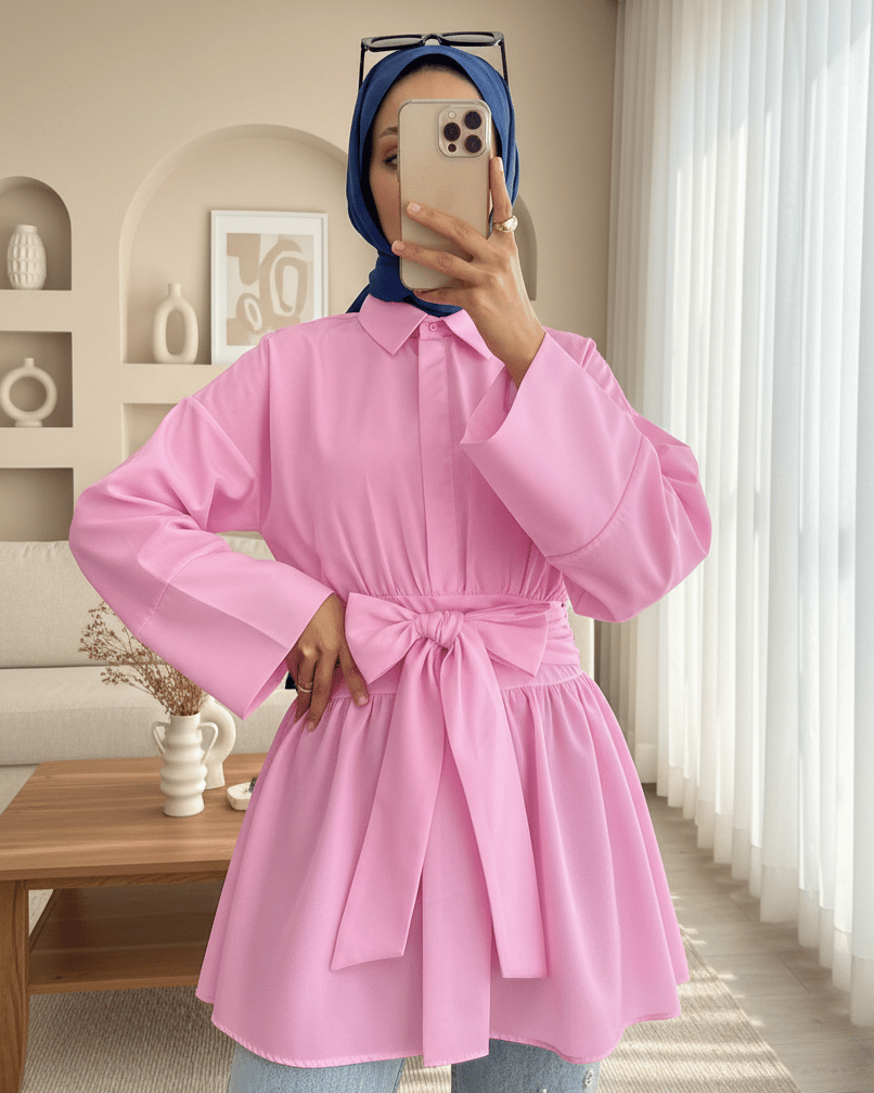 Yarım Düğmeli Beli Bağlamalı Yanı Fermuarlı Tunik  -Pembe