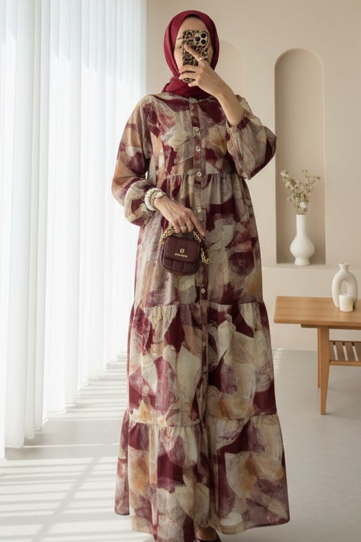 Yarım Düğmeli Kolu Lastikli Batik Desenli Elbise -Bordo