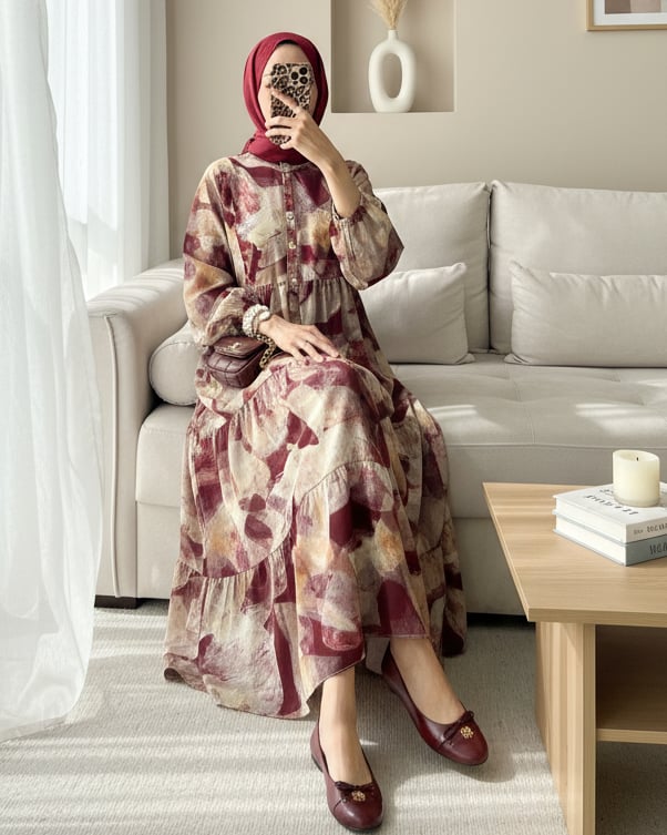 Yarım Düğmeli Kolu Lastikli Batik Desenli Elbise -Bordo