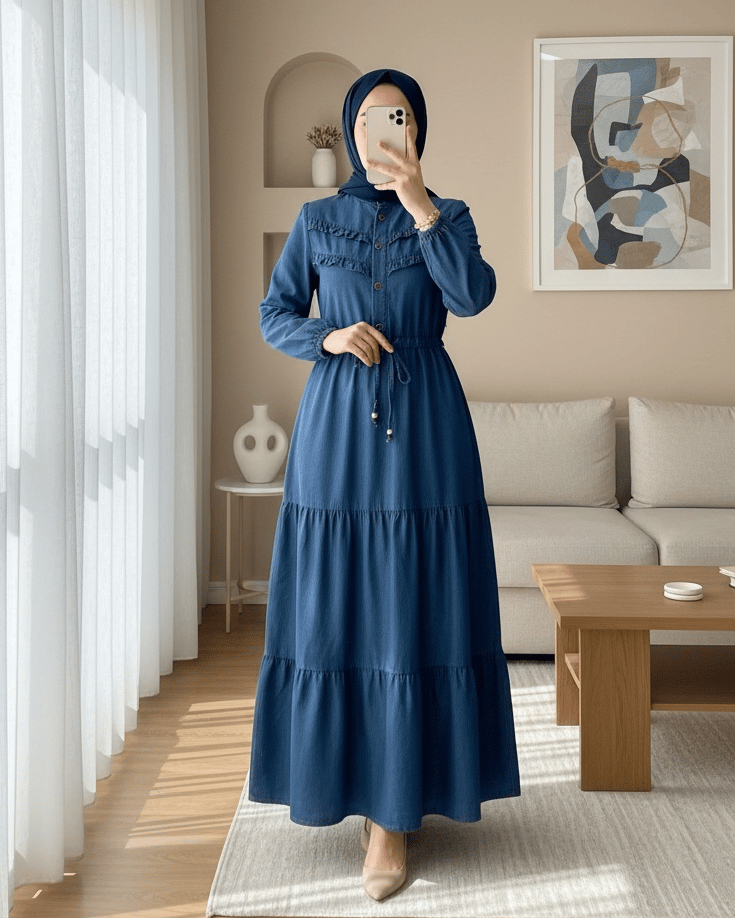 Yarım Düğmeli Önü Fırfırlı Parçalı Kot Elbise -İndigo