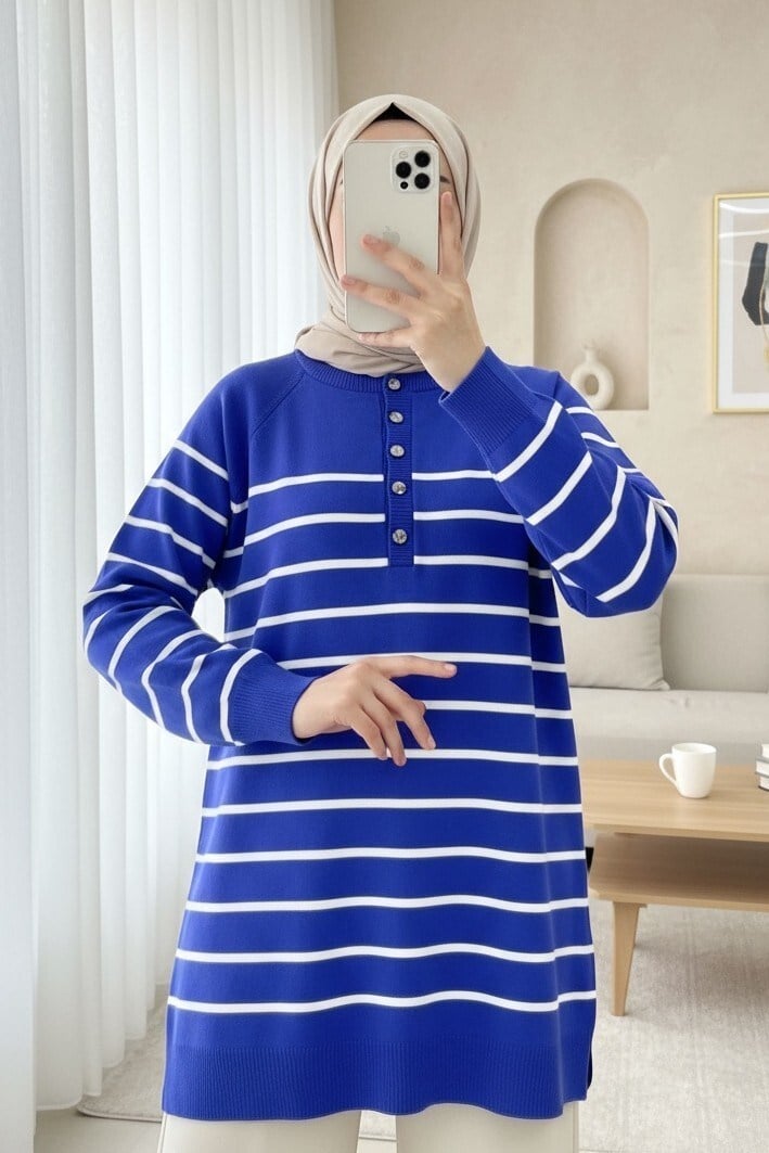 Yarım Düğmeli Yırtmaçlı Triko Tunik -Saks
