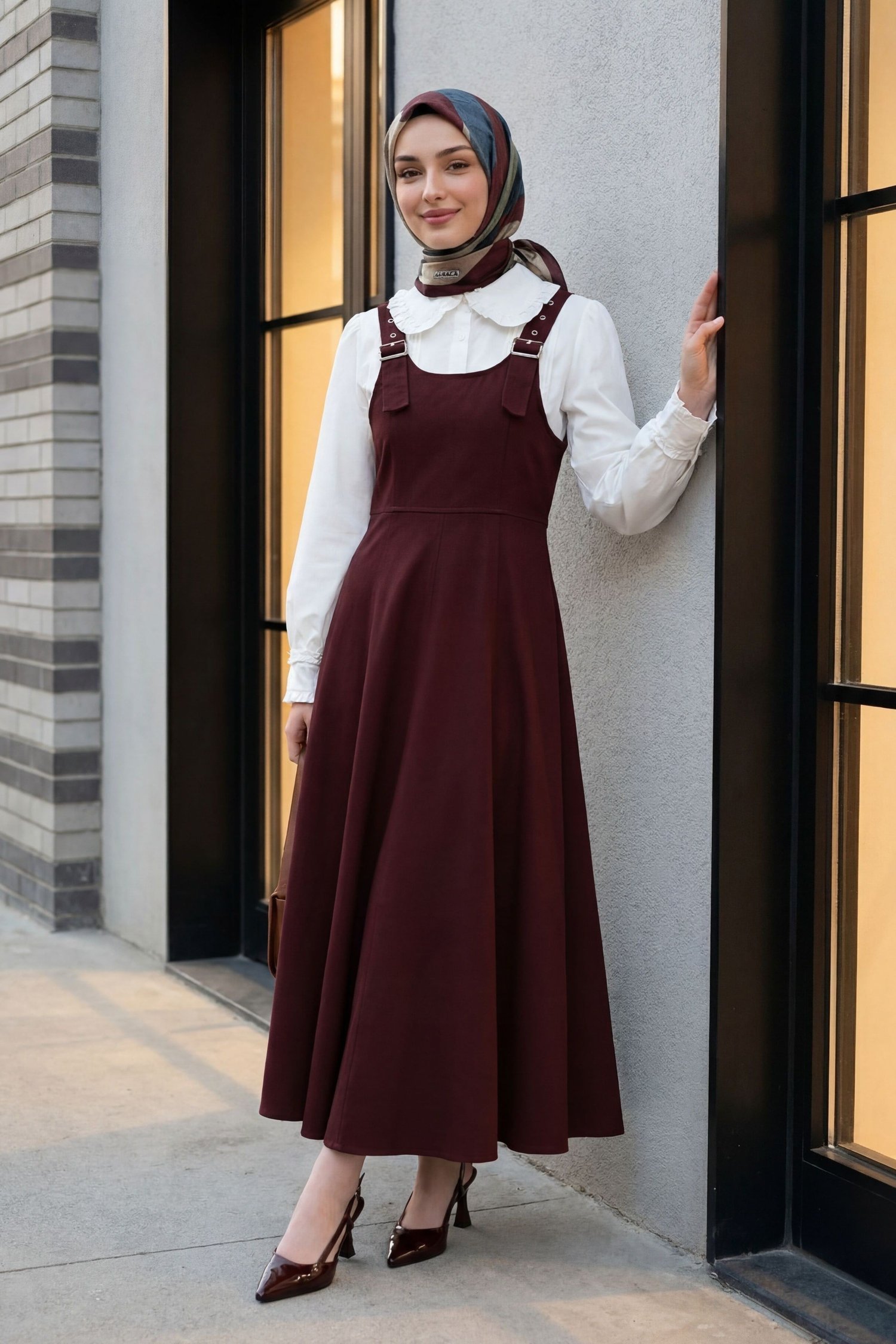 Yarım Fermuarlı Askılı Gabardin Jile  -Bordo