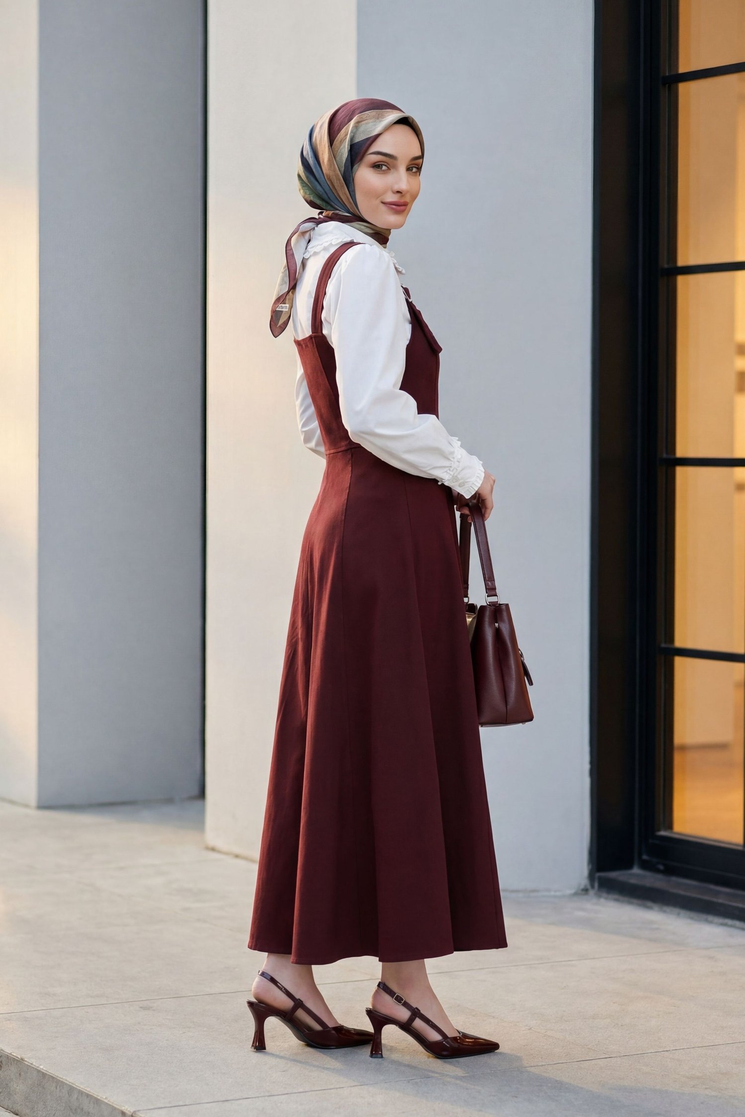 Yarım Fermuarlı Askılı Gabardin Jile  -Bordo