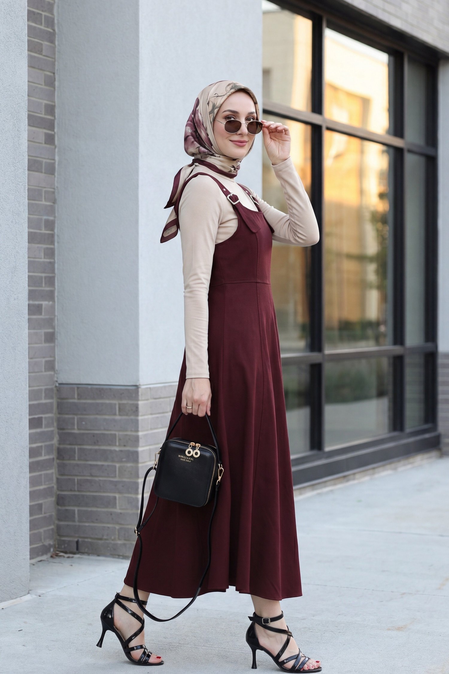 Yarım Fermuarlı Askılı Gabardin Jile  -Bordo