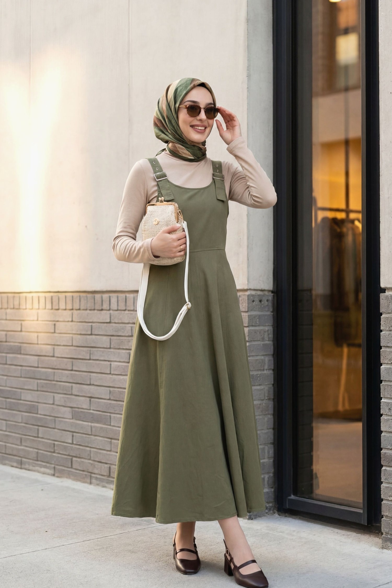 Yarım Fermuarlı Askılı Gabardin Jile  -Haki