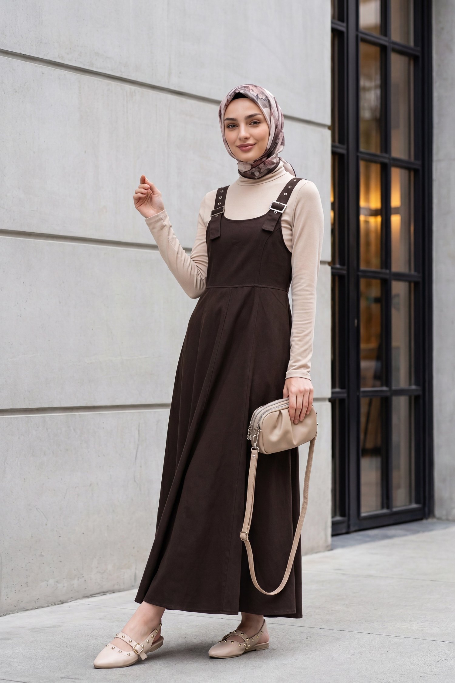 Yarım Fermuarlı Askılı Gabardin Jile  -Kahverengi