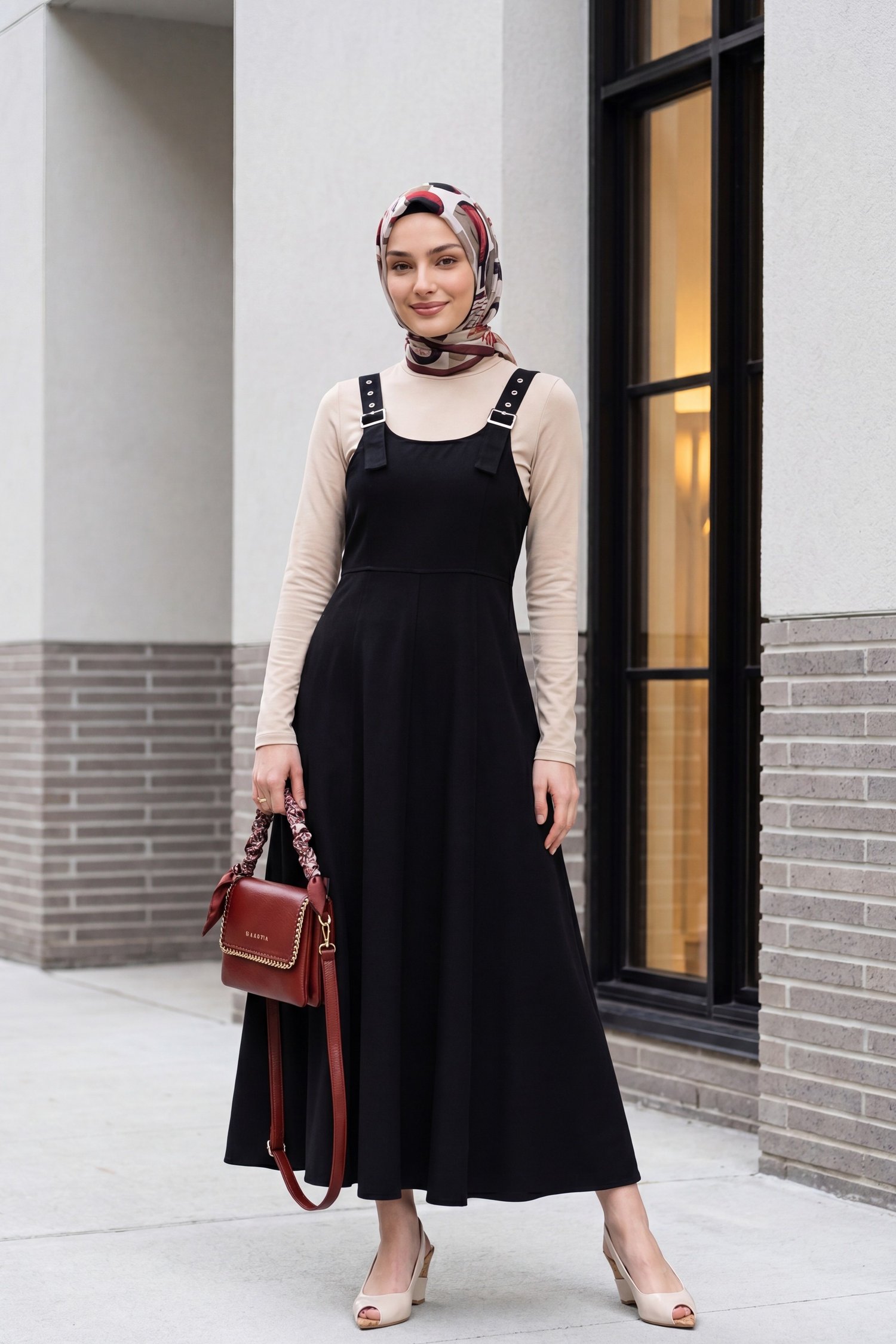 Yarım Fermuarlı Askılı Gabardin Jile  -Siyah