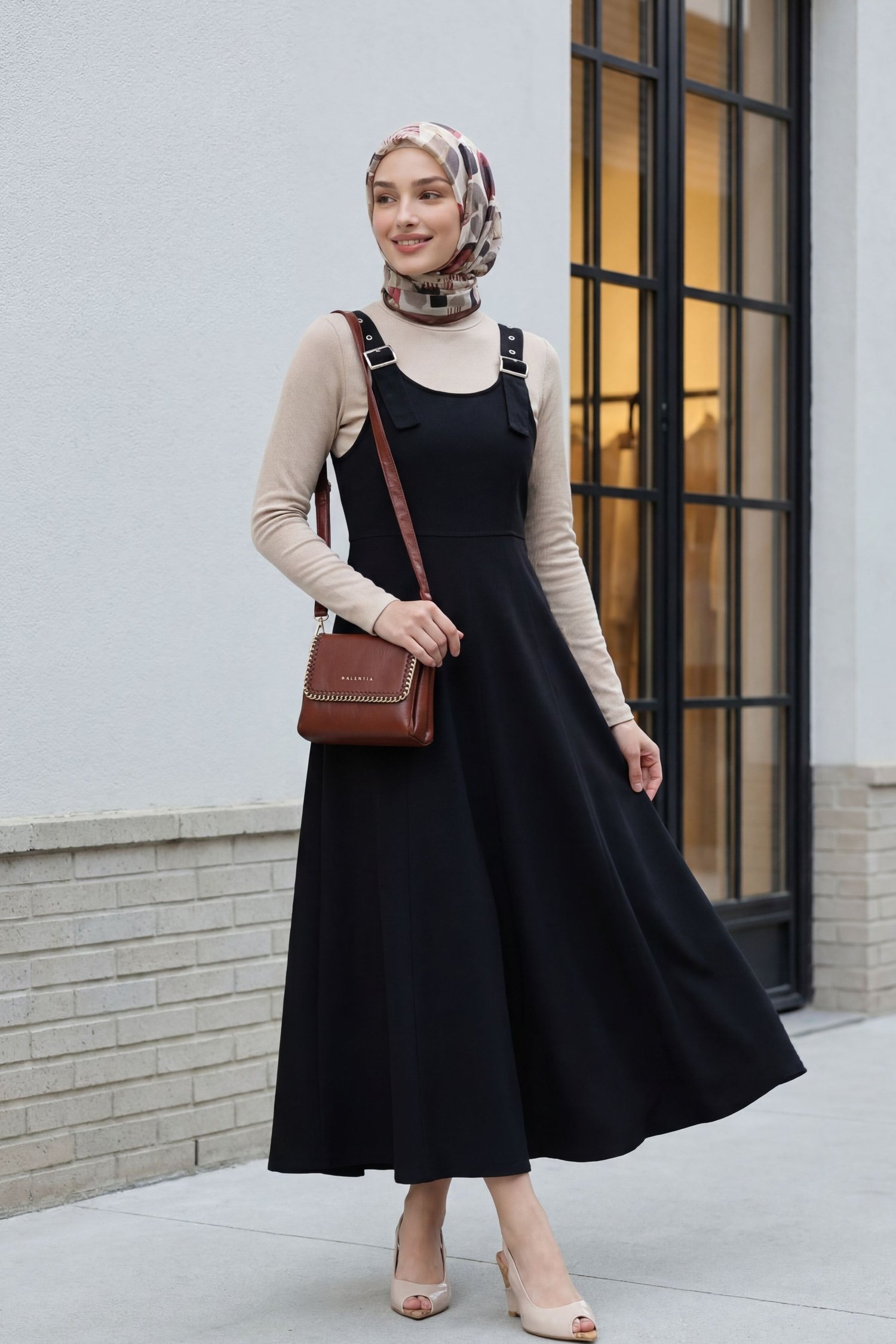 Yarım Fermuarlı Askılı Gabardin Jile  -Siyah